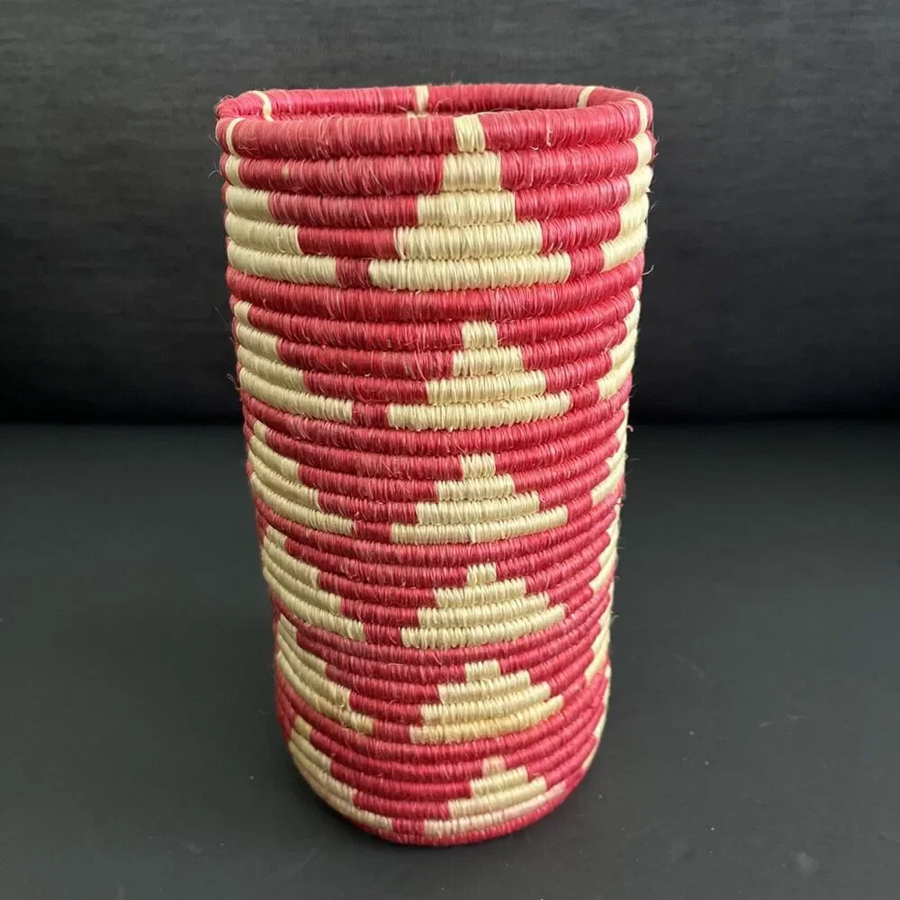 Handmade in Rwanda Woven Sisal Bright Boho Cylinder Basket Vase